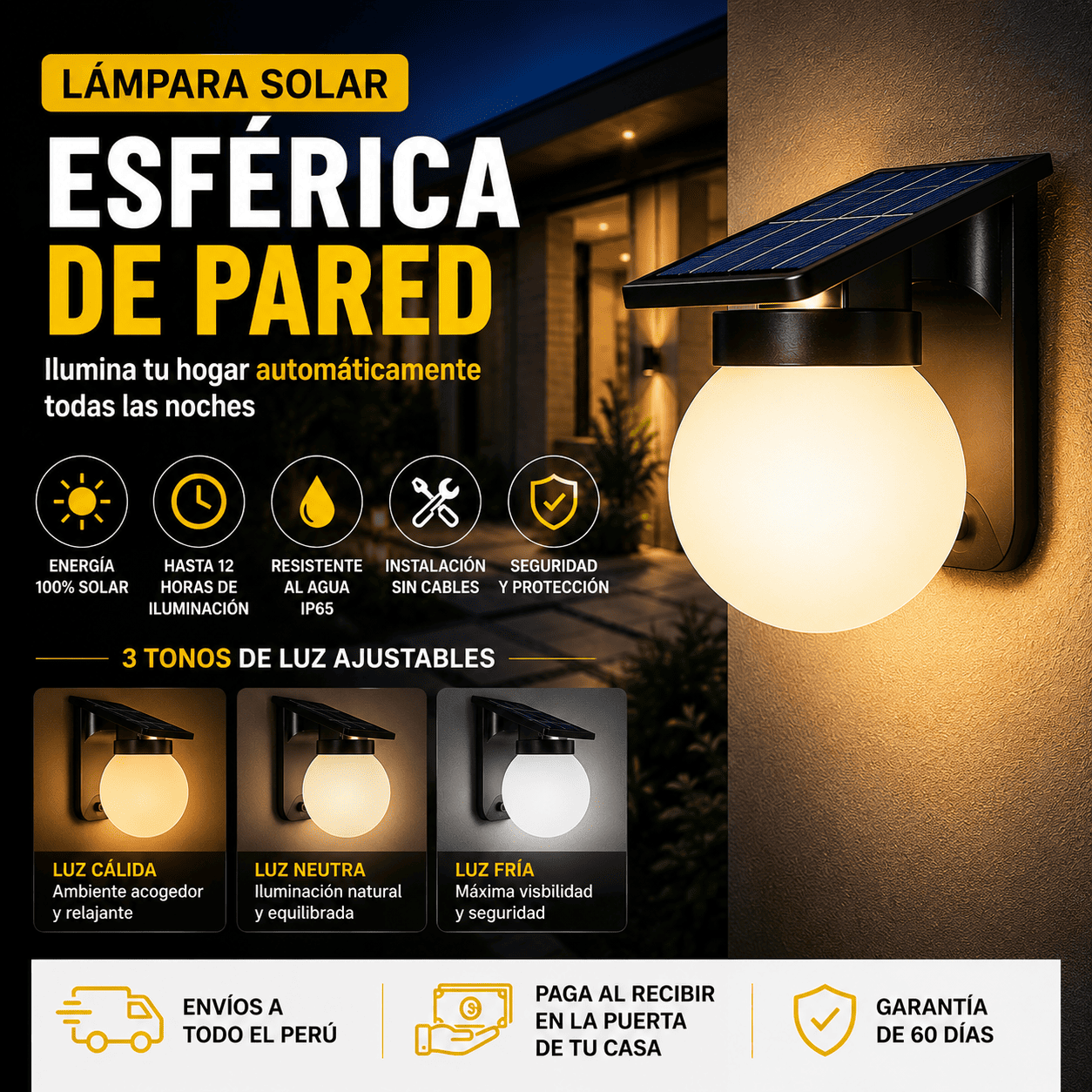 LÁMPARA SOLAR ESFÉRICA DE PARED
