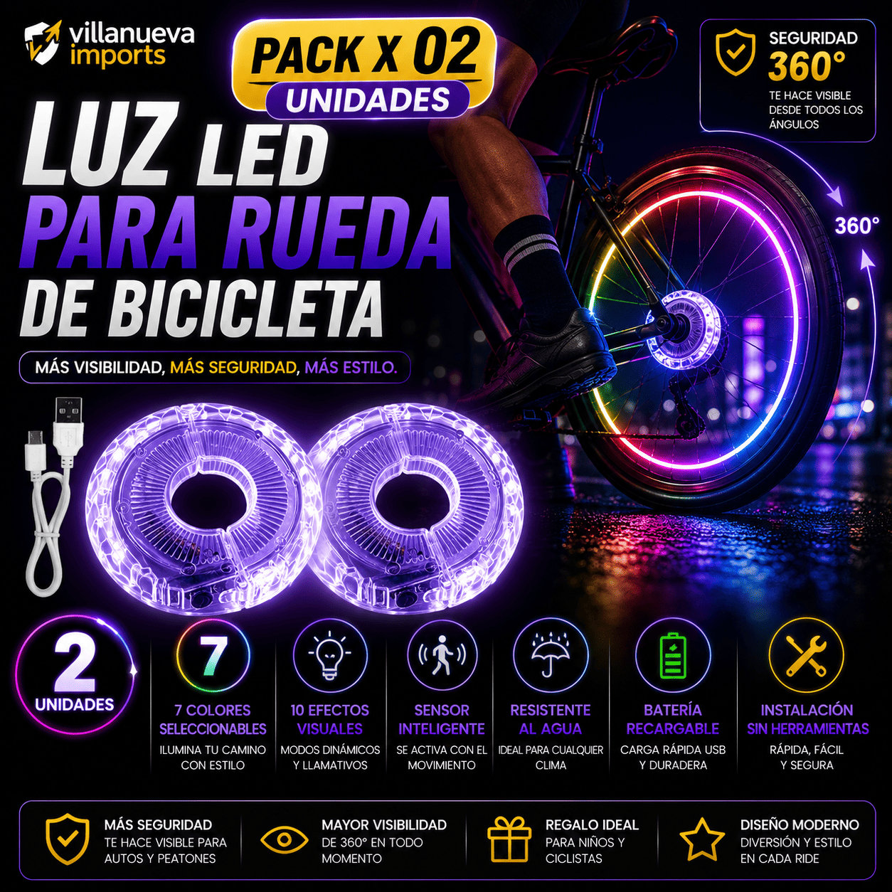 LUZ LED PARA RUEDA DE BICICLETA - PACK DE 2 UNIDADES